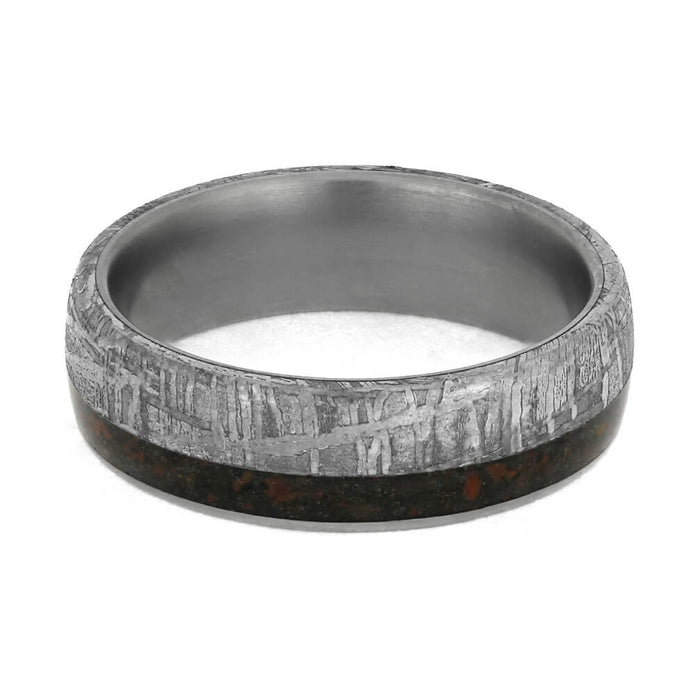Meteorite Wedding Band With Crushed Dinosaur Bone, Titanium Ring-3902 - Jewelry by Johan