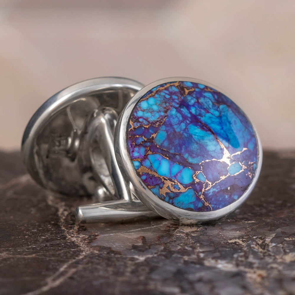 Lava Mosaic Turquoise Cuff Links In Polished Sterling Silver