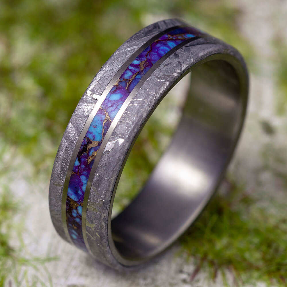 Lava Mosaic Turquoise Men's Ring With Meteorite Edges And Titanium Pinstripes-3924 - Jewelry by Johan