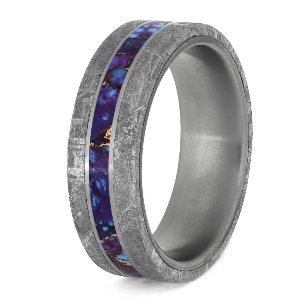 Lava Mosaic Turquoise Men's Ring With Meteorite Edges And Titanium Pinstripes-3924 - Jewelry by Johan