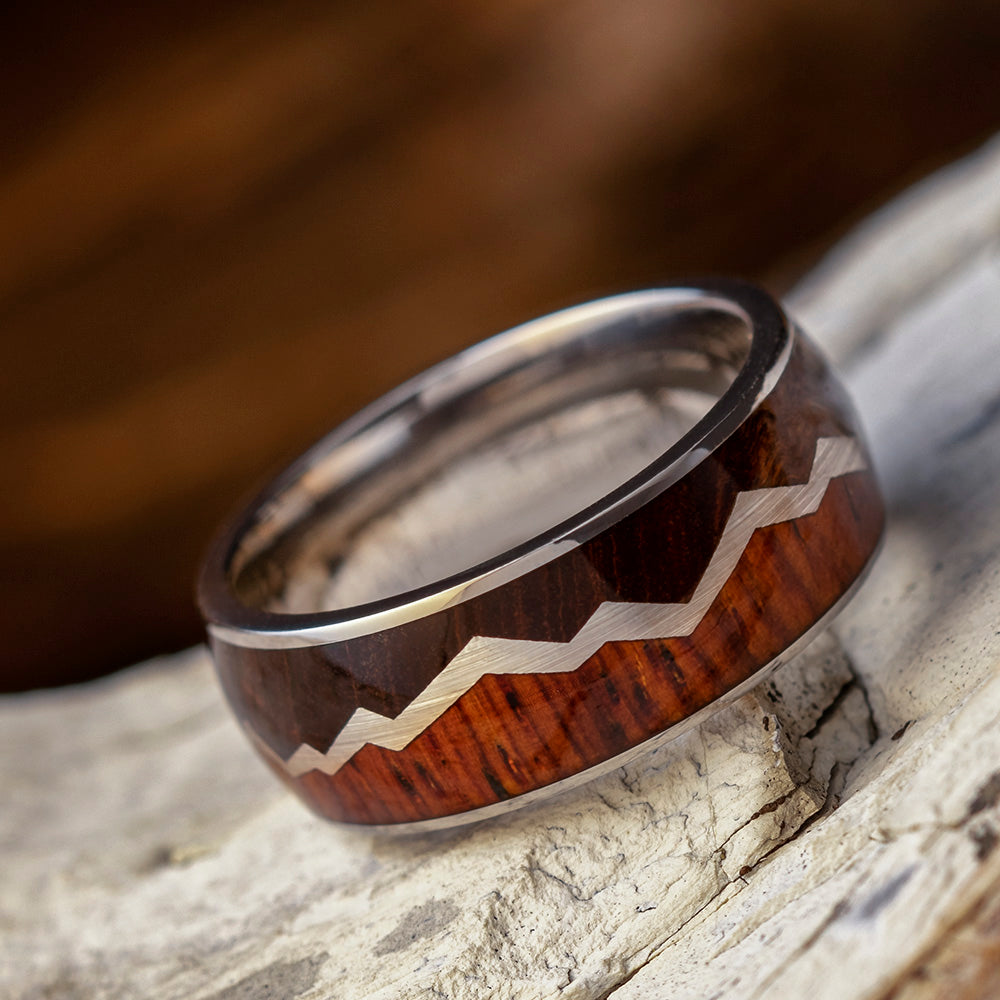 Titanium Mountain Ring with Dark Cherry Burl and Cocobolo Wood-3950 - Jewelry by Johan