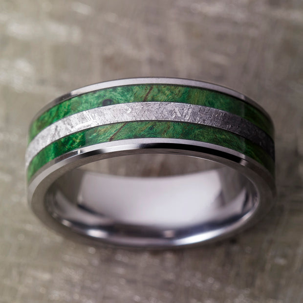 Tungsten Wedding Band for Man with Green Box Elder Burl and Meteorite Ring-3956 - Jewelry by Johan