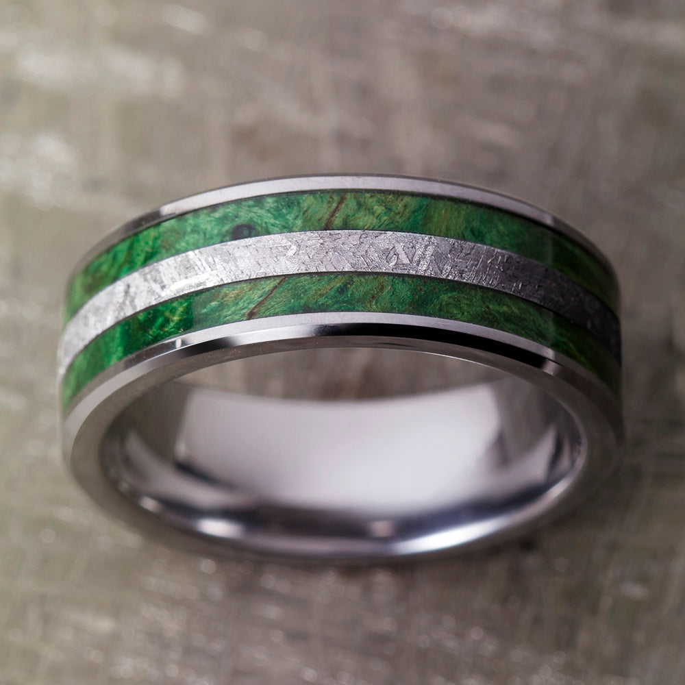 Tungsten Wedding Band for Man with Green Box Elder Burl and Meteorite Ring-3956 - Jewelry by Johan