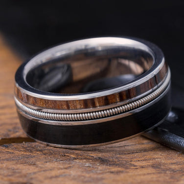 Guitar String Ring made with Vinyl LP Record, Red Palm Wood Wedding Band