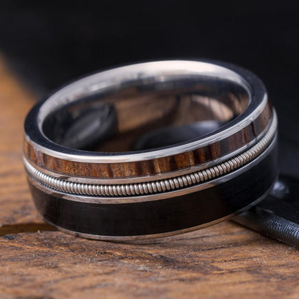 Guitar String Ring made with Vinyl LP Record, Red Palm Wood Wedding Band