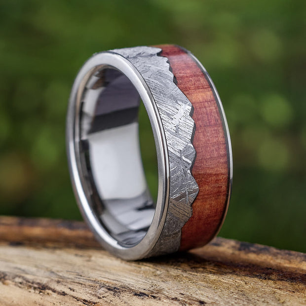 Mountain Wedding Band with Cedar Wood and Gibeon Meteorite-3983 - Jewelry by Johan