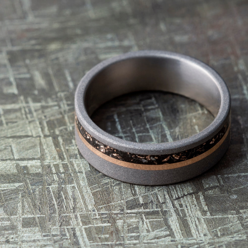 Black Stardust™ Wedding Band with Rose Gold Pinstripe In Titanium-3984 - Jewelry by Johan