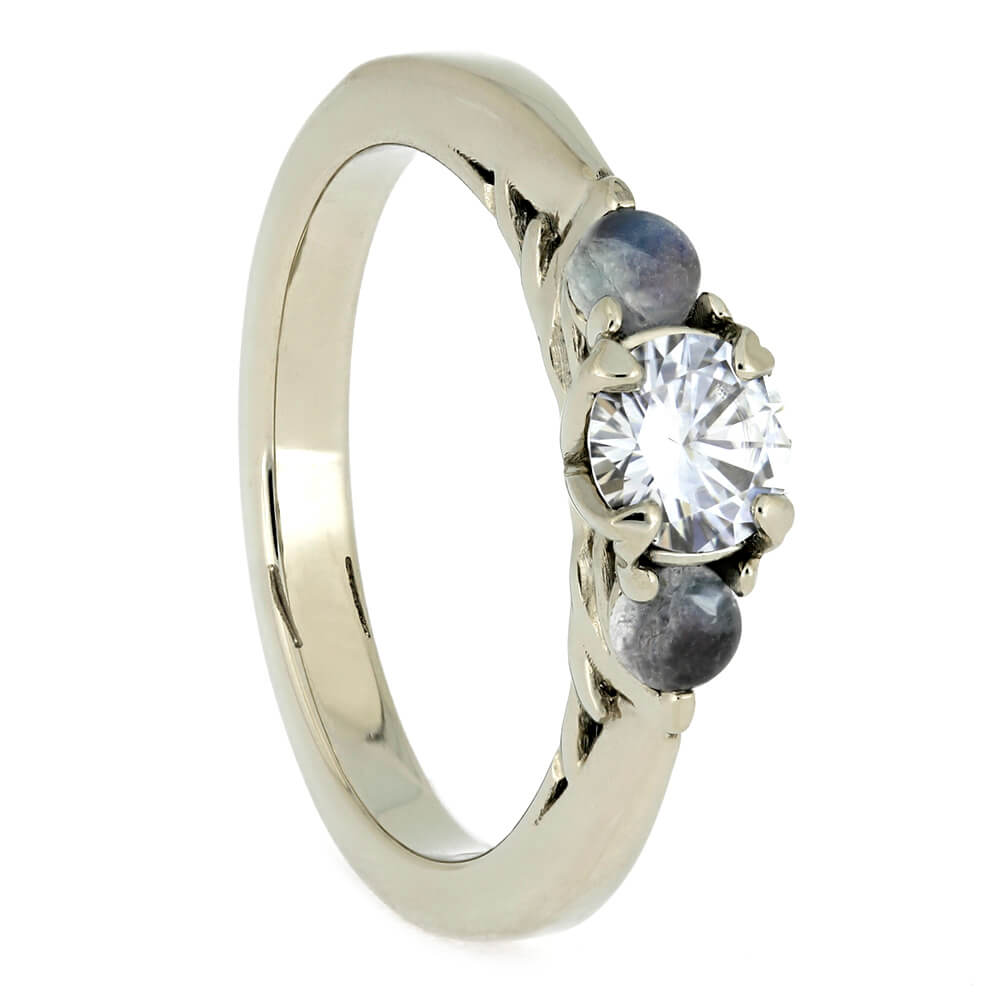 Moonstone Engagement Ring, Three Stone Ring With Moissanite and White Gold-4002 - Jewelry by Johan