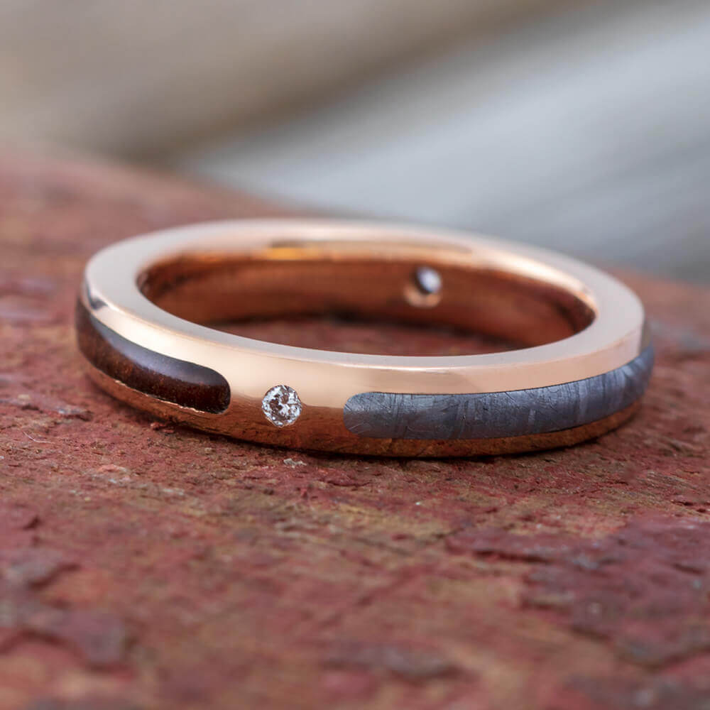 Thin Diamond Wedding Band with Rose Gold and Meteorite-4022 - Jewelry by Johan