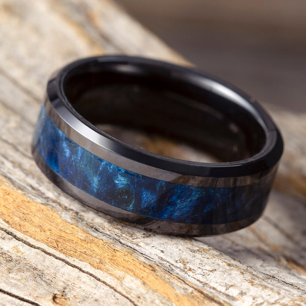 Blue Wood Men's Ring in Black Ceramic or Zirconium - Jewelry by Johan