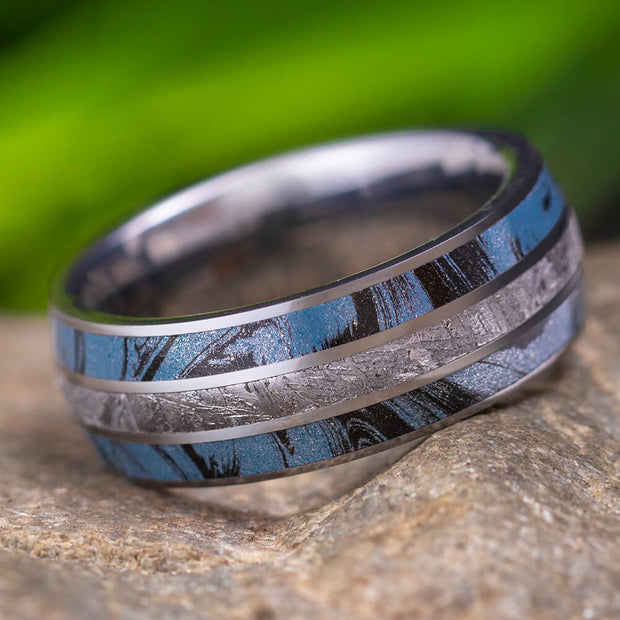 Tungsten Men’s Wedding Ring With Cobaltium Mokume & Meteorite