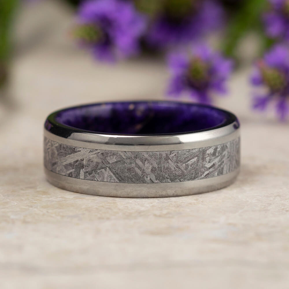 Meteorite Men's Wedding Band With Purple Wood Sleeve-4074 - Jewelry by Johan
