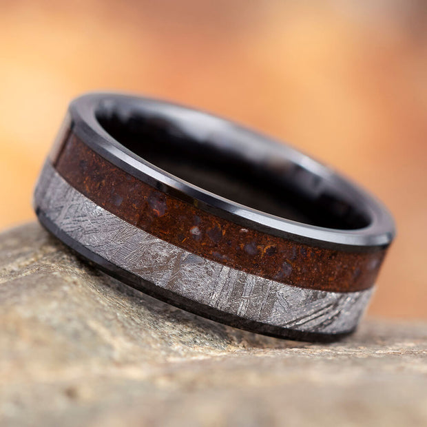 Black Ceramic Wedding Band with Meteorite and Dinosaur Bone-4077 - Jewelry by Johan