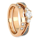 Meteorite Bridal Set, Three Stone Engagement Ring With Rose Gold Shadow Band