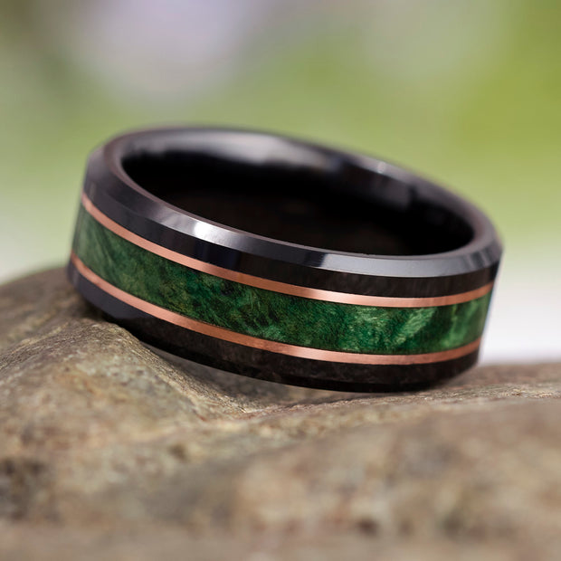 Green Wood and Black Ceramic Ring with Copper Pinstripes, Manly Wedding Band-4081 - Jewelry by Johan