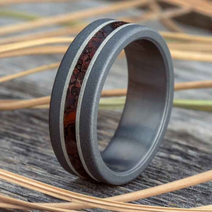 Sandblasted Titanium Dinosaur Bone Ring with Silver Pinstripes-4090 - Jewelry by Johan