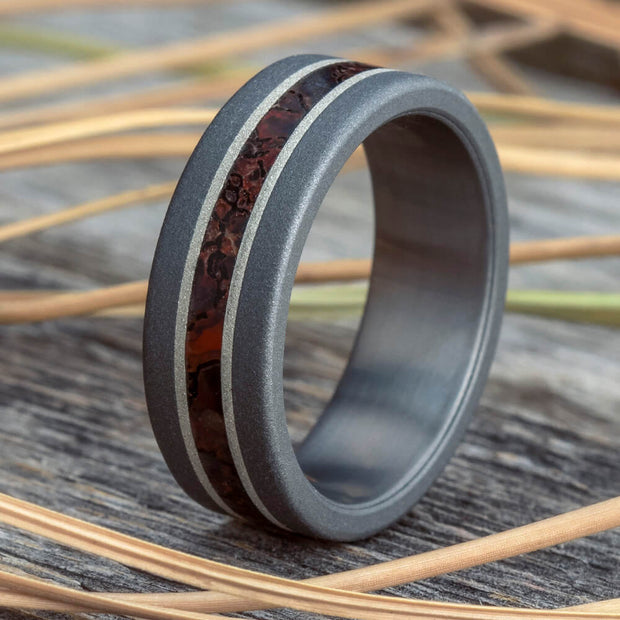 Sandblasted Titanium Dinosaur Bone Ring with Silver Pinstripes-4090 - Jewelry by Johan
