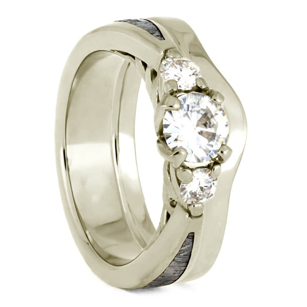 White Gold Bridal Set, Meteorite Engagement Ring With Minimalist Shadow Band-4091 - Jewelry by Johan