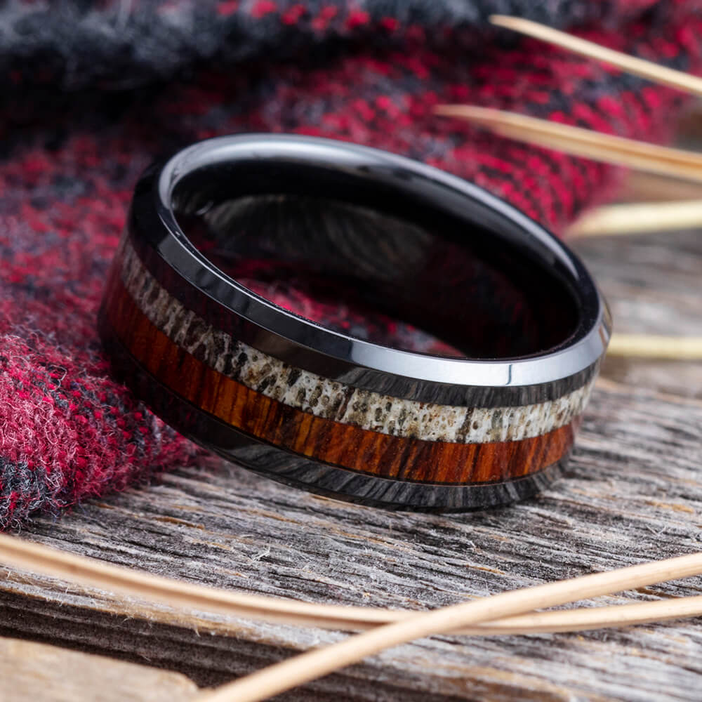 Men's Black Ceramic Wedding Band with Deer Antler and Ironwood-4092 - Jewelry by Johan