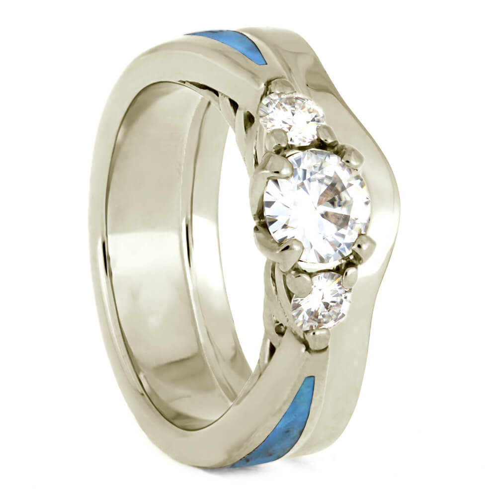 Turquoise Bridal Set, Simple Shadow Band With White Gold Engagement Ring-4114 - Jewelry by Johan