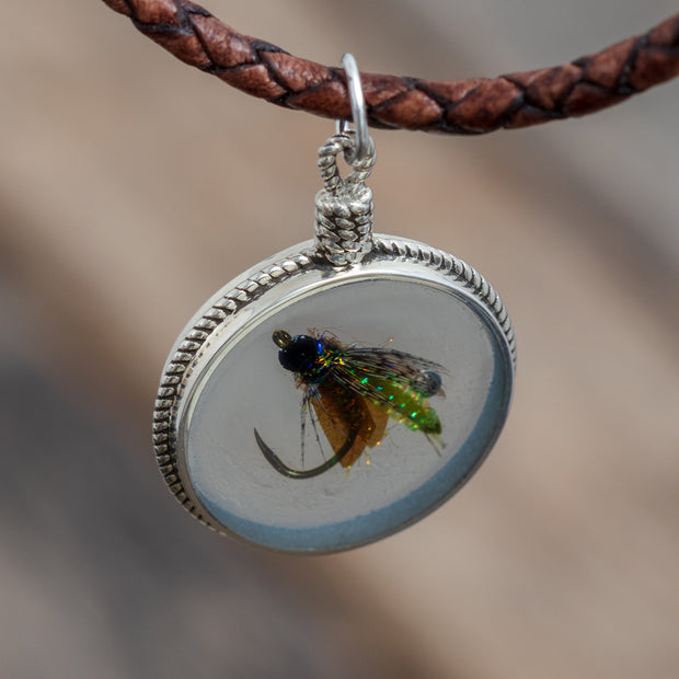 Round Fly Fishing Pendant in Transparent Blue Enamel