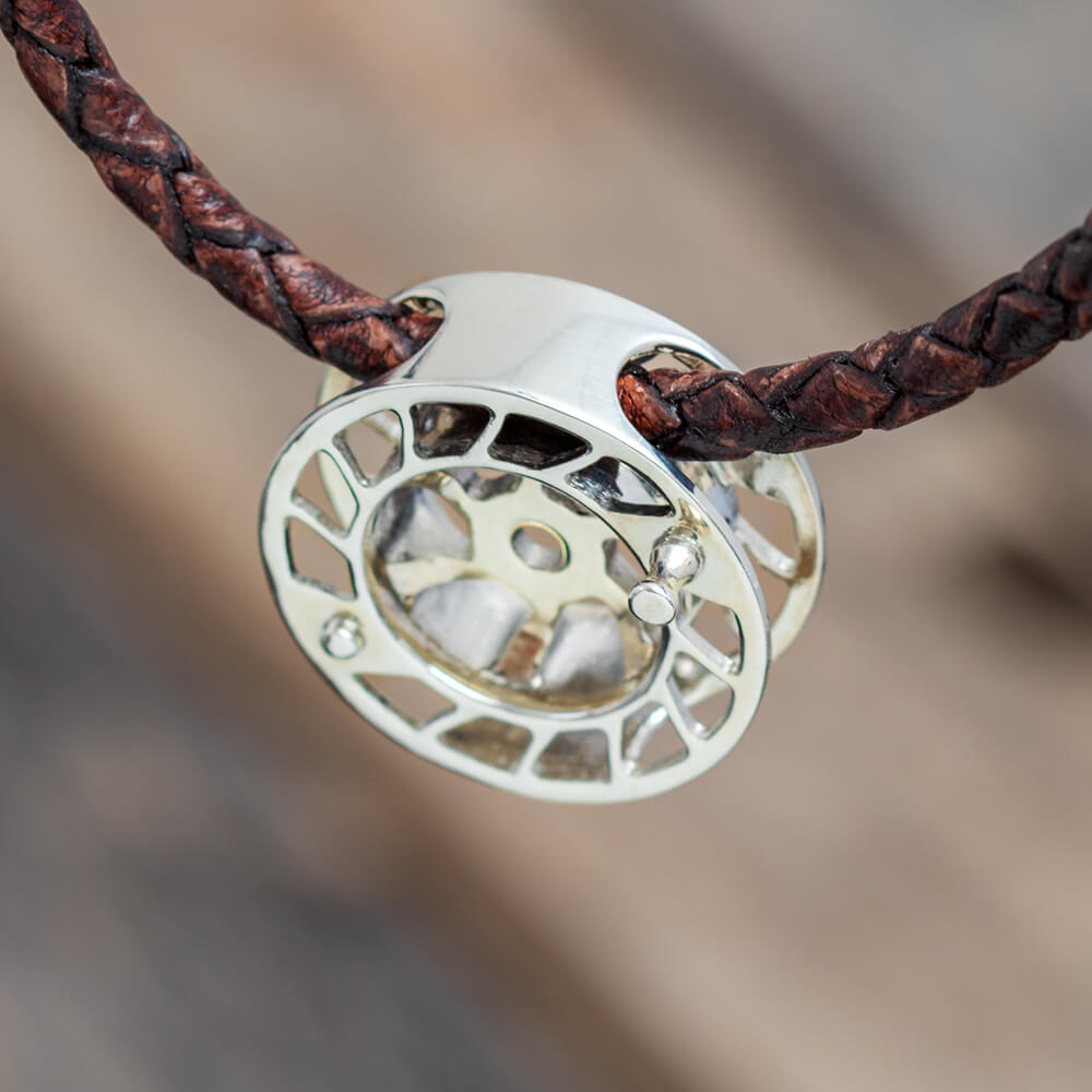 Round Reel Pendant with Brown Leather Cord
