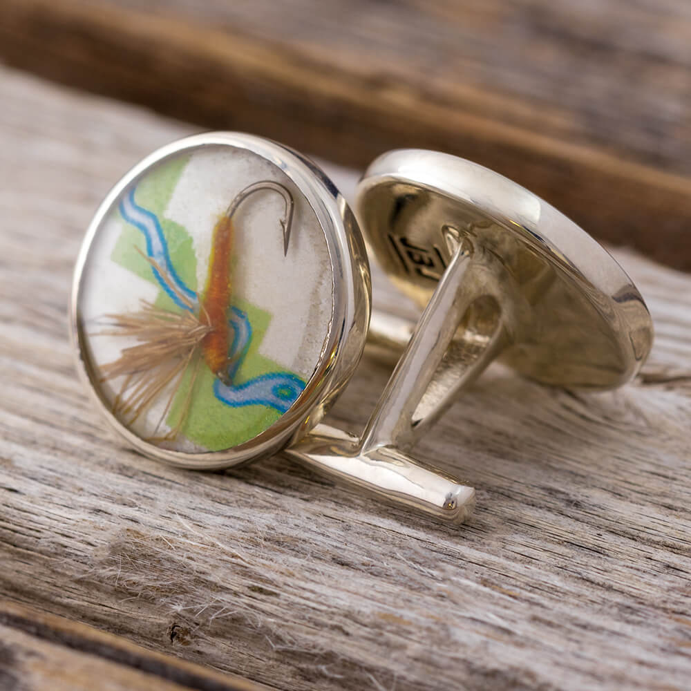 Fishing Cuff Links With Map And Lure Inlay in Sterling Silver