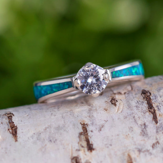 Opal Engagement Ring With Round Cut Moissanite-4183 - Jewelry by Johan