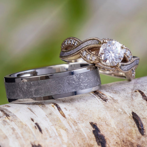 Meteorite His and Hers Wedding Ring Set