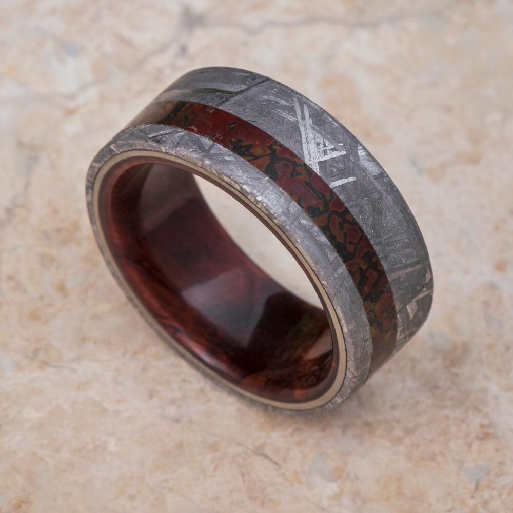 Men's Meteorite Wedding Band with Dinosaur Bone and Wood Sleeve-4198 - Jewelry by Johan