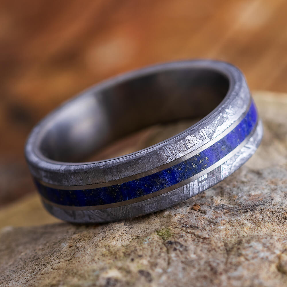 Lapis Lazuli Men's Wedding Band With Meteorite Edges Separated By Titanium-4200 - Jewelry by Johan