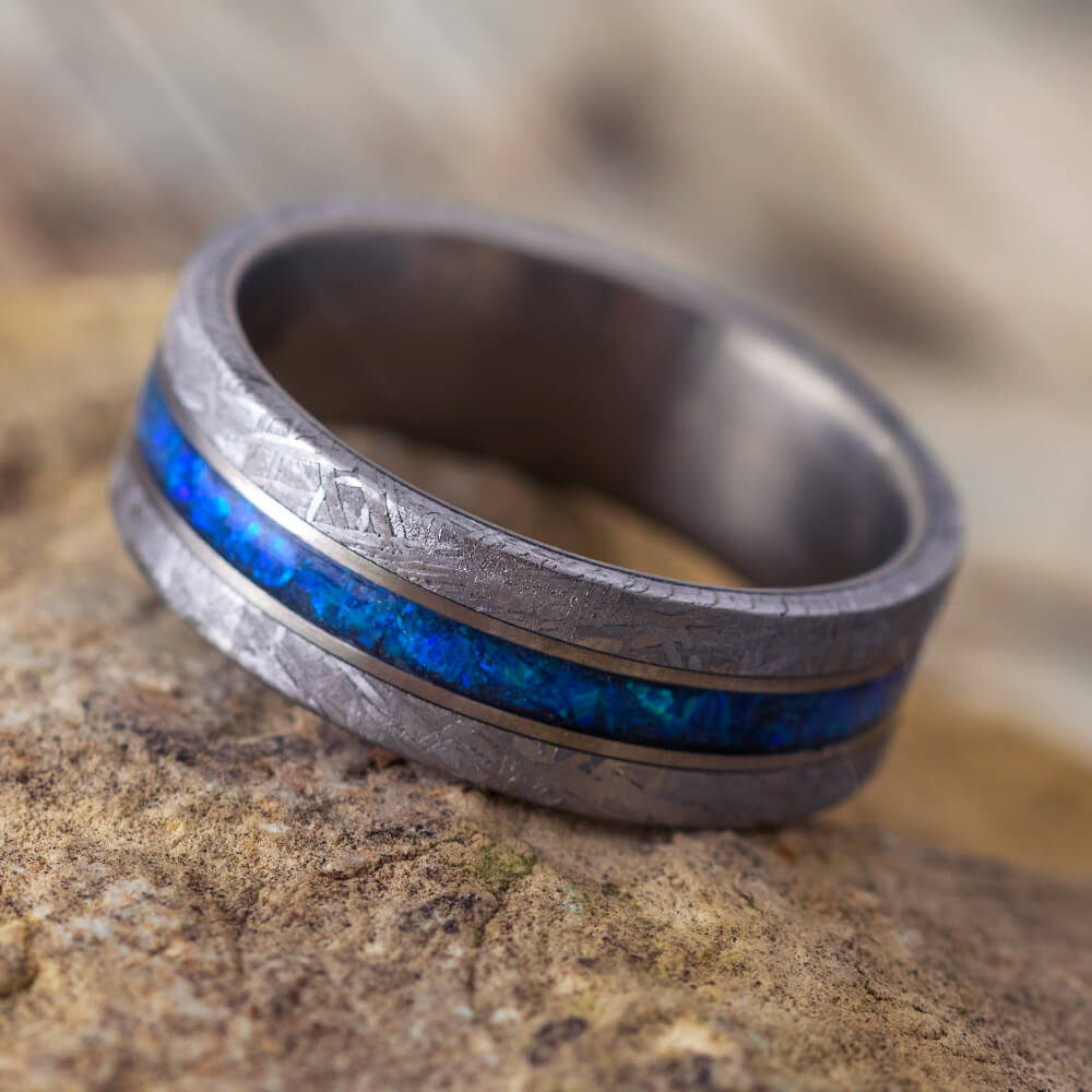 Meteorite and Dark Blue Opal Men's Wedding Band in Matte Titanium-4206 - Jewelry by Johan
