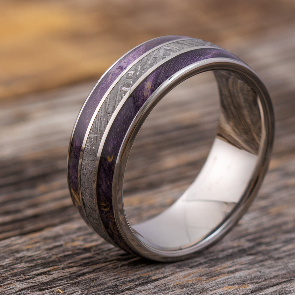 Purple Wood Ring for Men With Meteorite, Titanium Men's Wedding Band-4242 - Jewelry by Johan