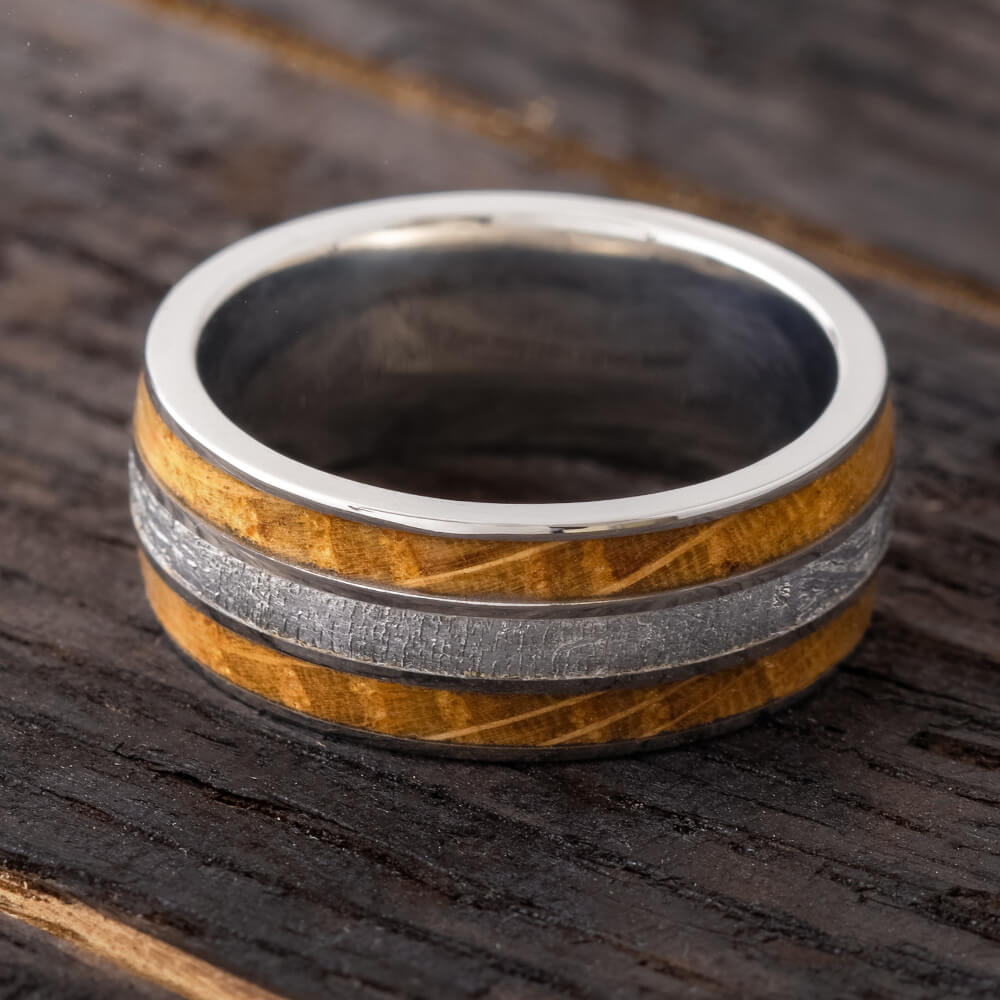 Whiskey Wood Ring With Genuine Meteorite And Titanium-4245 - Jewelry by Johan