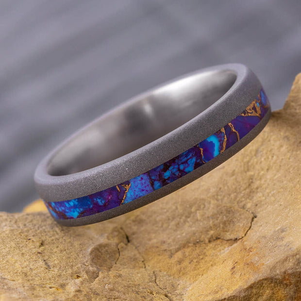Lava Mosaic Turquoise Wedding Band in Sandblasted Titanium-4288 - Jewelry by Johan