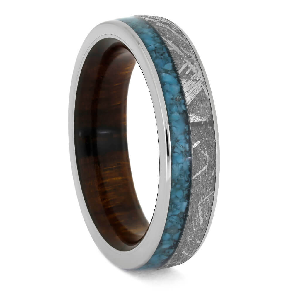 Turquoise Wedding Band With Meteorite And Ironwood Sleeve | Jewelry by ...