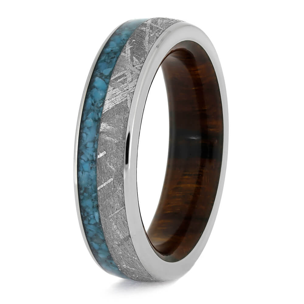 Turquoise Wedding Band With Meteorite And Ironwood Sleeve-4528 - Jewelry by Johan