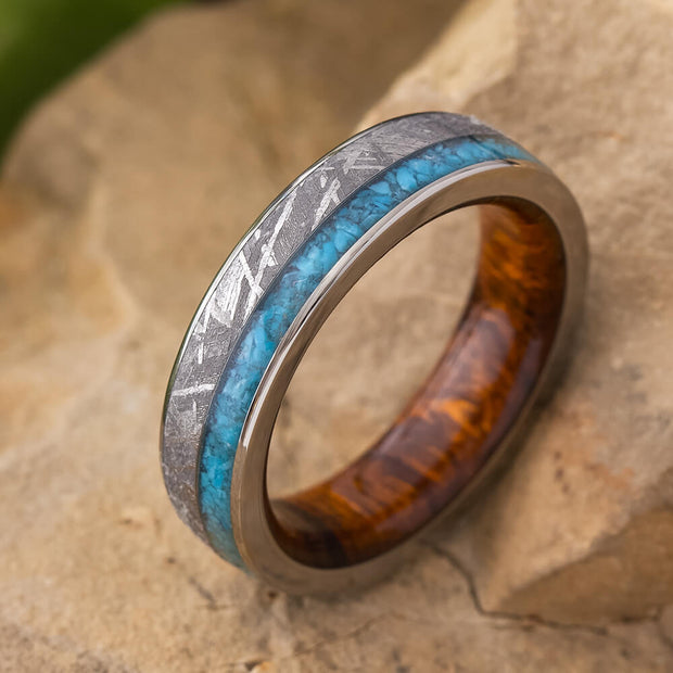 Turquoise Wedding Band With Meteorite And Ironwood Sleeve-4528 - Jewelry by Johan