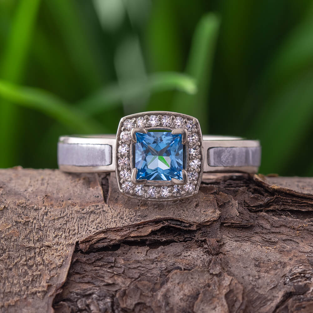 Blue Topaz Halo Engagement Ring with Meteorite and Moissanite Accent Stones-4296 - Jewelry by Johan