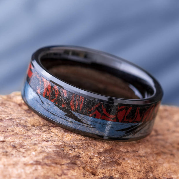 Black Ceramic Wedding Band with Red and Black Mokume-4301 - Jewelry by Johan