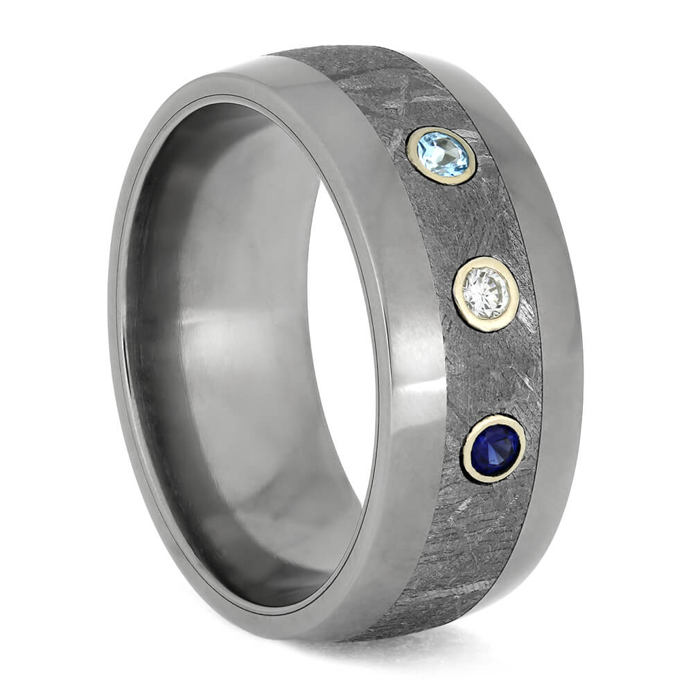 Meteorite Wedding Band With Sapphire, Diamond, And Topaz-4303 - Jewelry by Johan