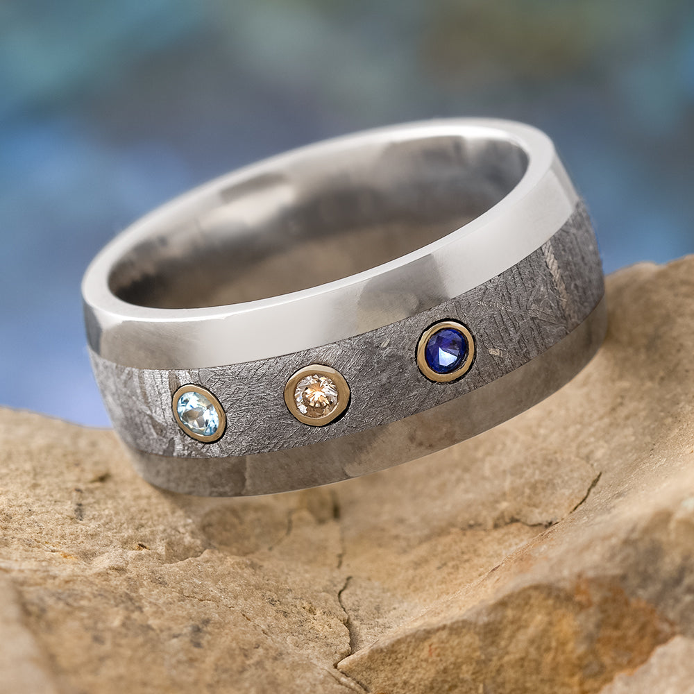 Meteorite Wedding Band With Sapphire, Diamond, And Topaz-4303 - Jewelry by Johan