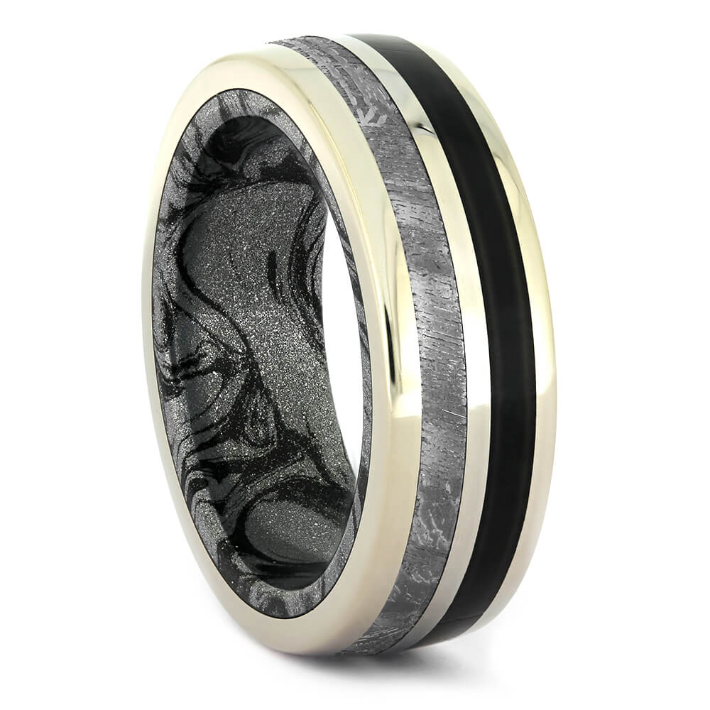 Black Jade Wedding Band With Meteorite And Mokume Gane-4311 - Jewelry by Johan