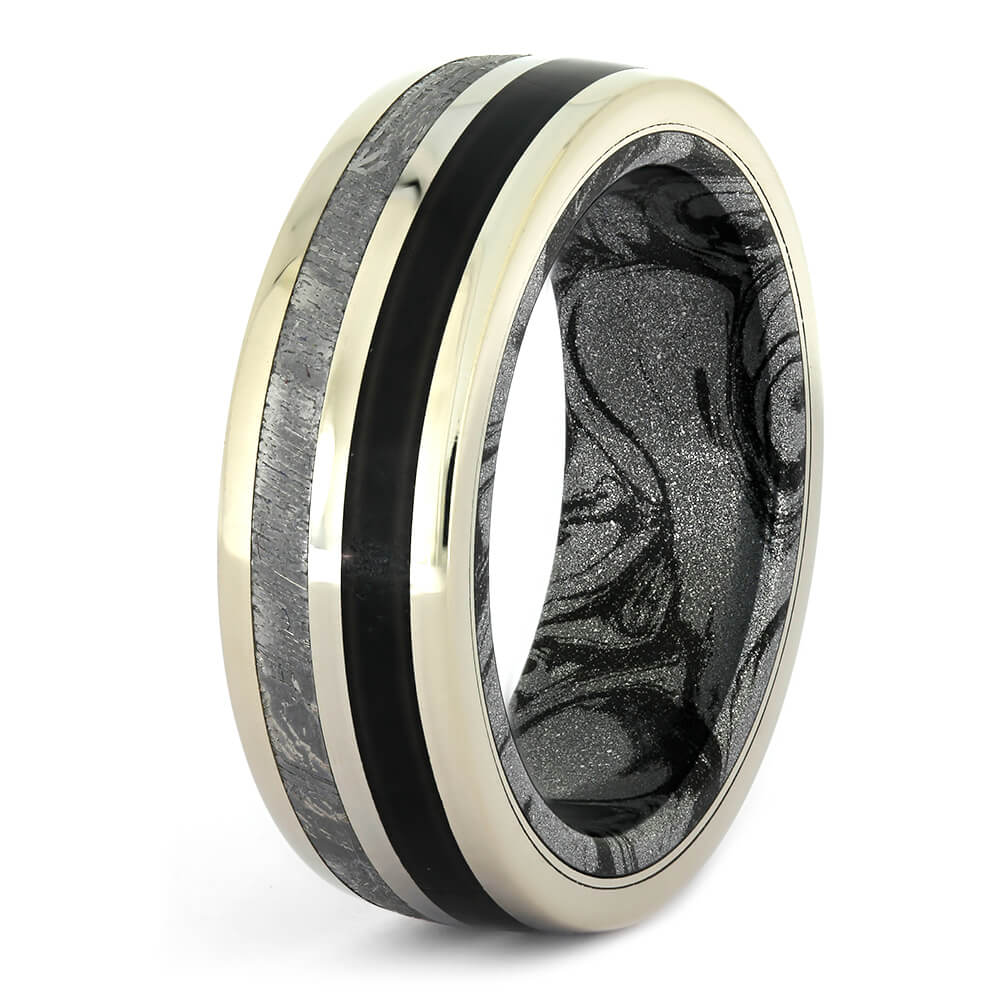 Black Jade Wedding Band With Meteorite And Mokume Gane-4311 - Jewelry by Johan