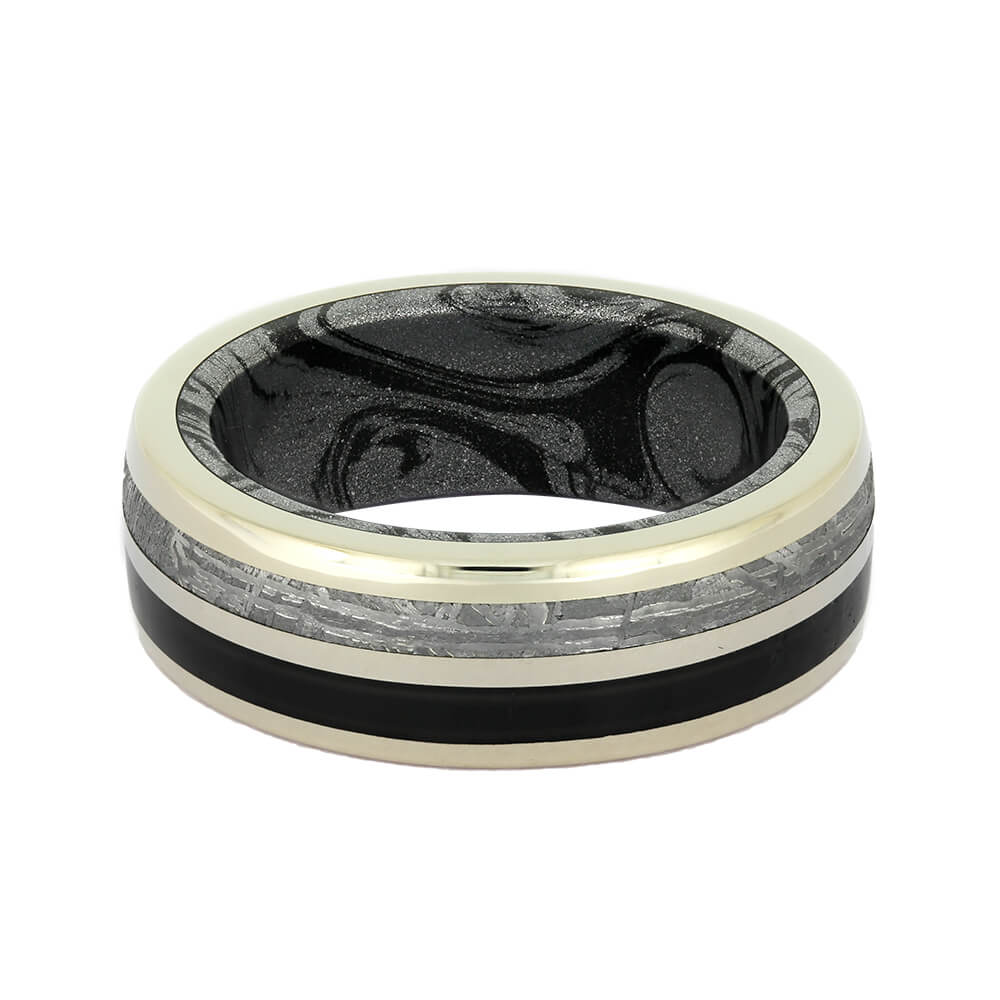 Black Jade Wedding Band With Meteorite And Mokume Gane-4311 - Jewelry by Johan