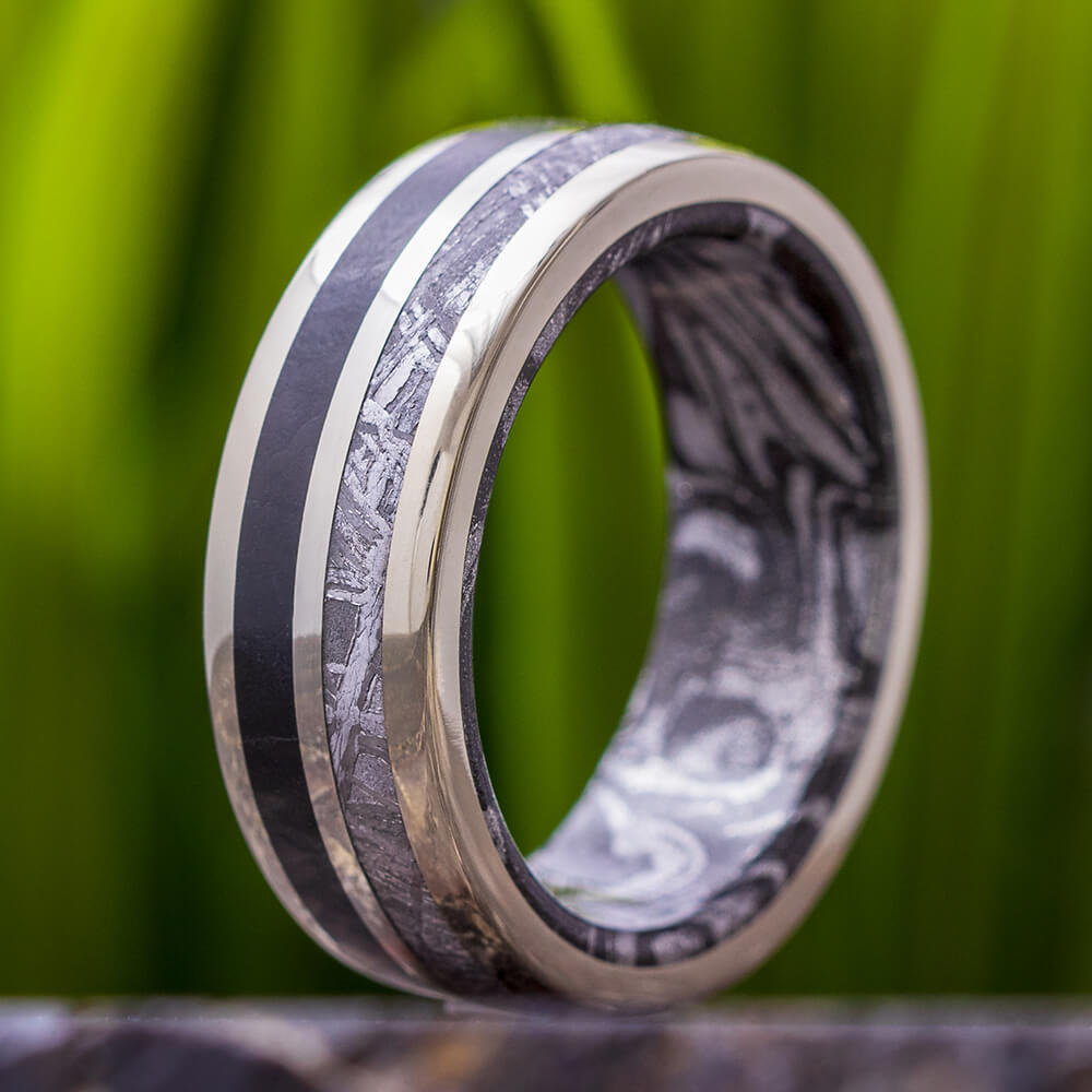 Black Jade Wedding Band With Meteorite, White Gold And Mokume Gane-4311 - Jewelry by Johan