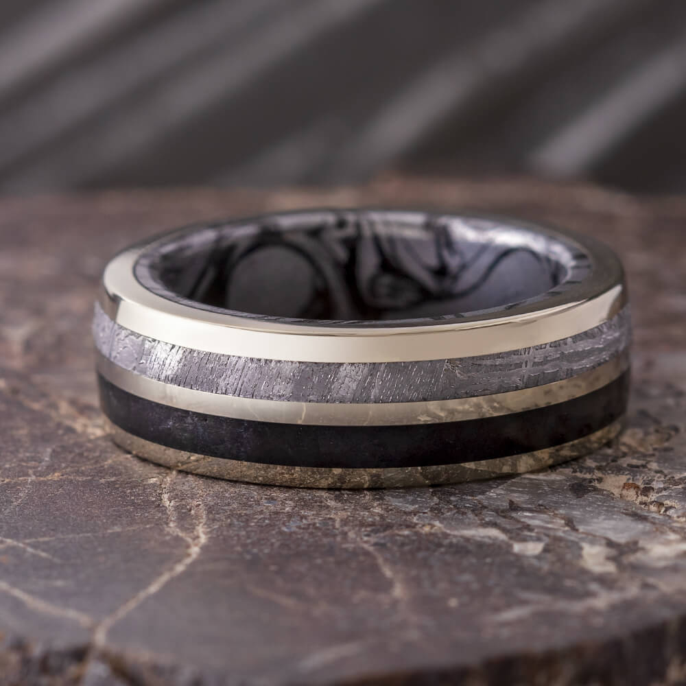 Black Jade Wedding Band With Meteorite, White Gold And Mokume Gane-4311 - Jewelry by Johan