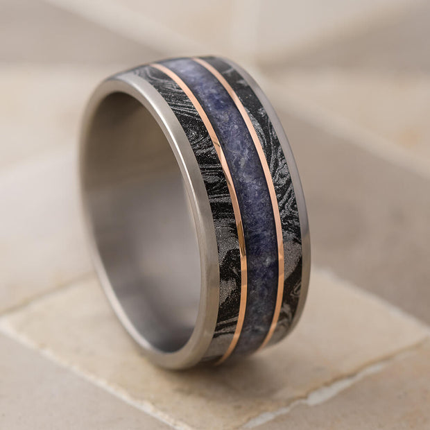 Crushed Sapphire Wedding Band With Mokume Gane-4313 - Jewelry by Johan