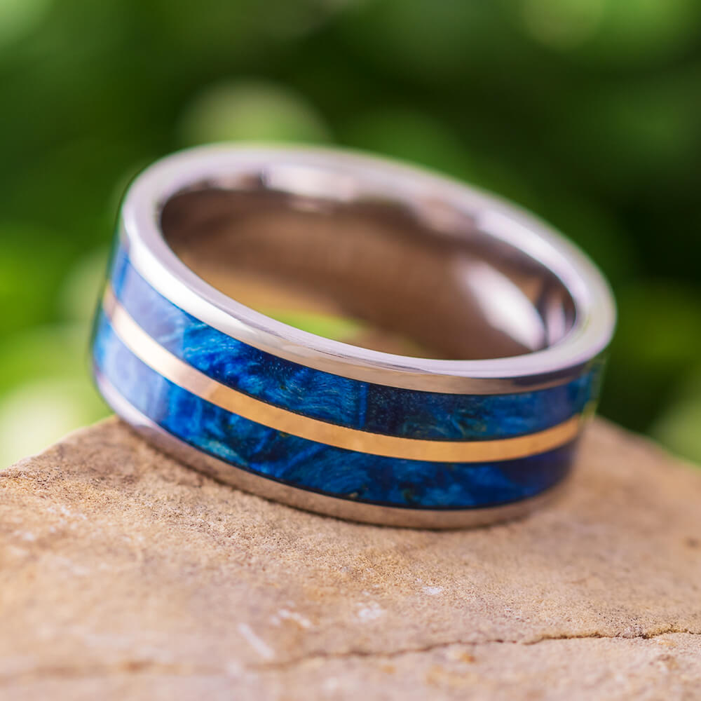 Blue Box Elder Burl Wood Wedding Band in Titanium with Copper Pinstripe-4353 - Jewelry by Johan