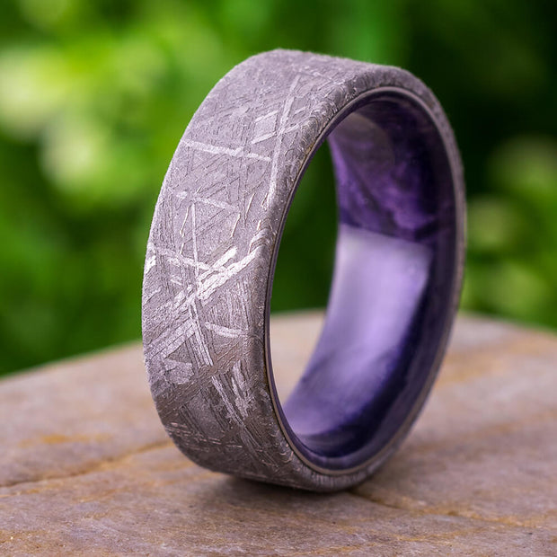 Men's Meteorite Wedding Band with Purple Box Elder Burl Sleeve-4354 - Jewelry by Johan